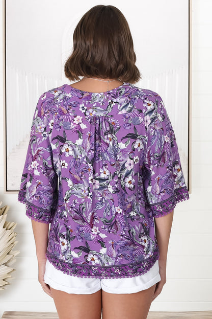 JAASE - Gabriella Top: Mandarin Collar Deep V Neck Crochet Trim Top in Rhodium Print