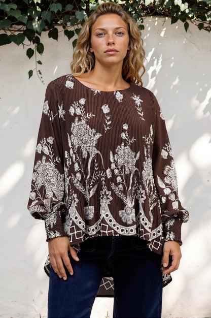 Gelina Top - Crew Neck Pleated High Low Pull Over with Balloon Sleeves in Gerry Print Chocolate
