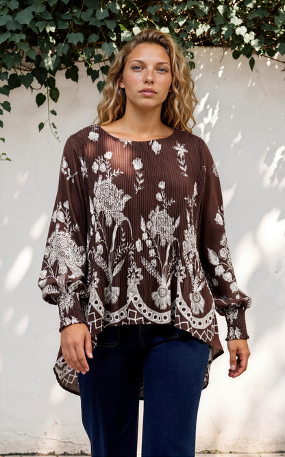 Gelina Top - Crew Neck Pleated High Low Pull Over with Balloon Sleeves in Gerry Print Chocolate