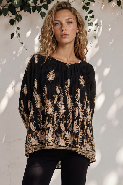 Gelina Top - Crew Neck Pleated High Low Pull Over with Balloon Sleeves in Lynsey Print Black