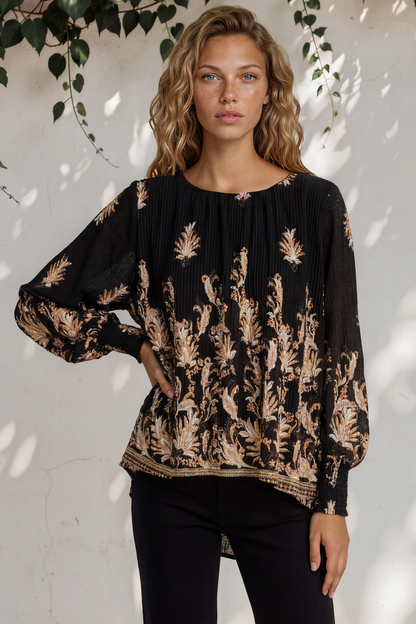 Gelina Top - Crew Neck Pleated High Low Pull Over with Balloon Sleeves in Lynsey Print Black