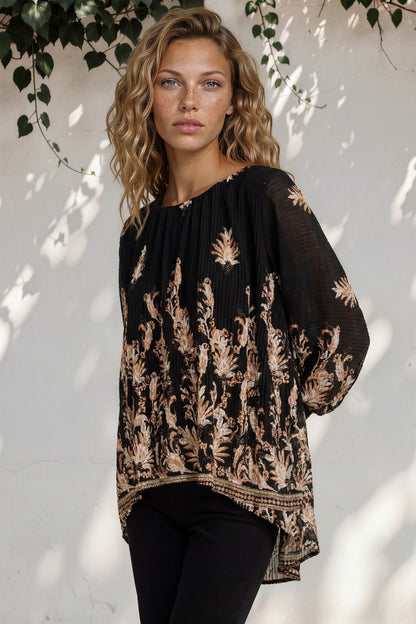 Gelina Top - Crew Neck Pleated High Low Pull Over with Balloon Sleeves in Lynsey Print Black