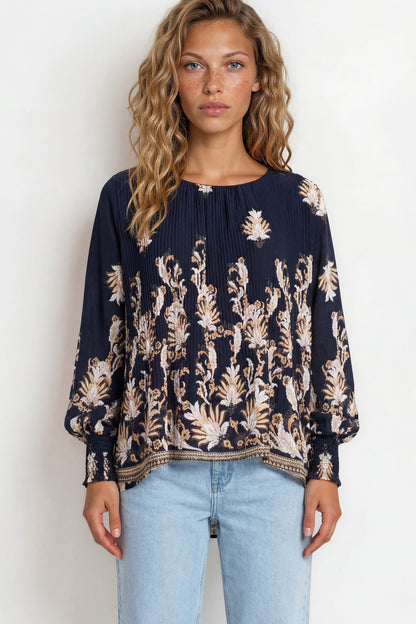 Gelina Top - Crew Neck Pleated High Low Pull Over with Balloon Sleeves in Lynsey Print Navy
