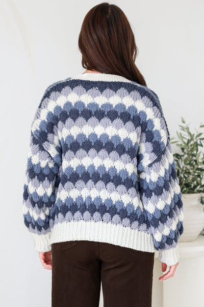Gianni Cardigan - Open Bubble Knit with Pockets and Rib Knit Trims in Blue
