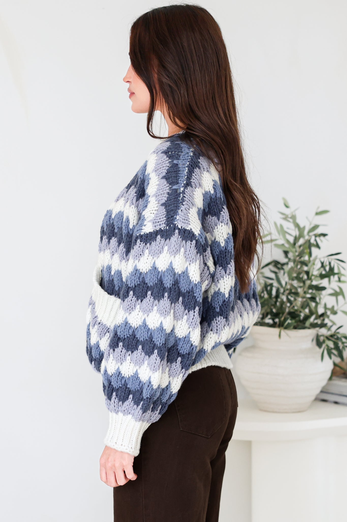Gianni Cardigan - Open Bubble Knit with Pockets and Rib Knit Trims in Blue