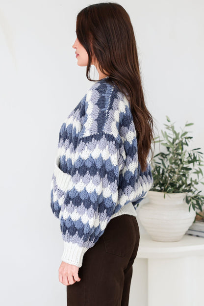 Gianni Cardigan - Open Bubble Knit with Pockets and Rib Knit Trims in Blue