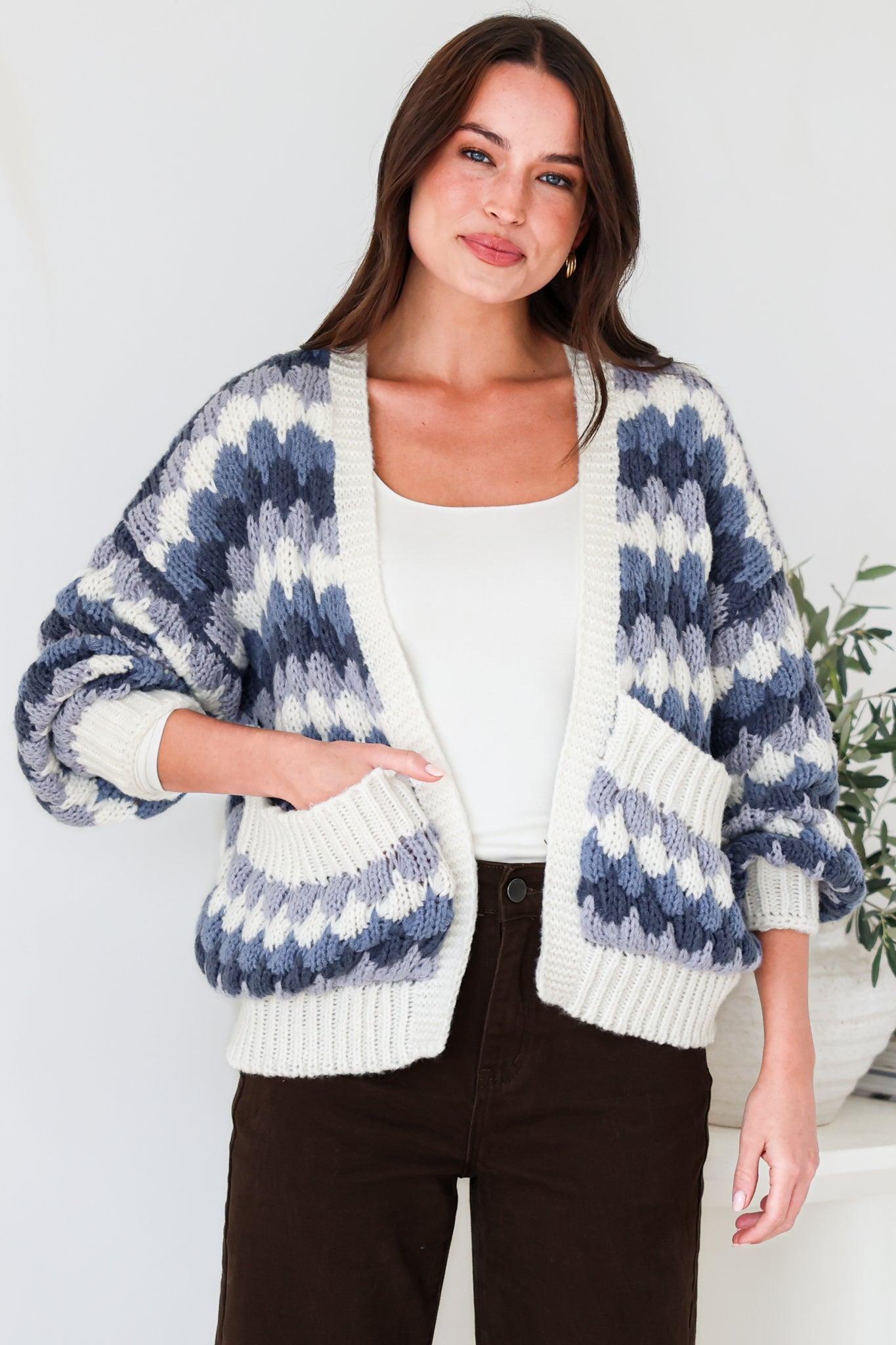 Gianni Cardigan - Open Bubble Knit with Pockets and Rib Knit Trims in Blue