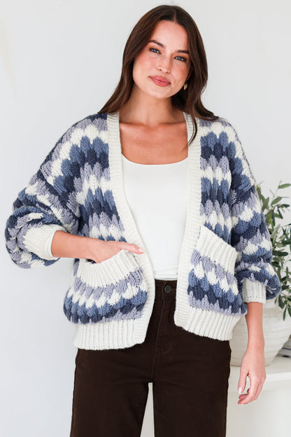 Gianni Cardigan - Open Bubble Knit with Pockets and Rib Knit Trims in Blue