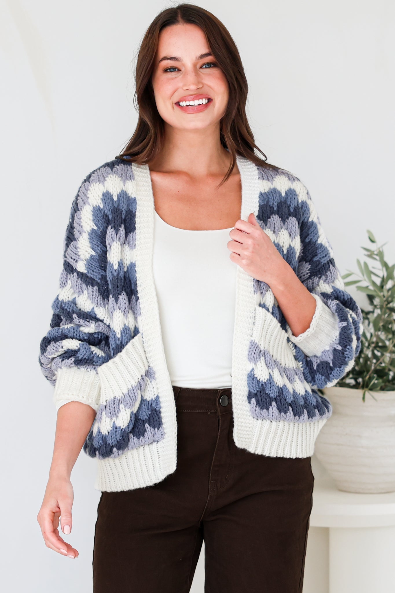 Gianni Cardigan - Open Bubble Knit with Pockets and Rib Knit Trims in Blue