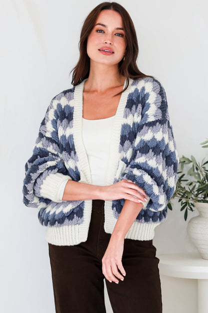 Gianni Cardigan - Open Bubble Knit with Pockets and Rib Knit Trims in Blue