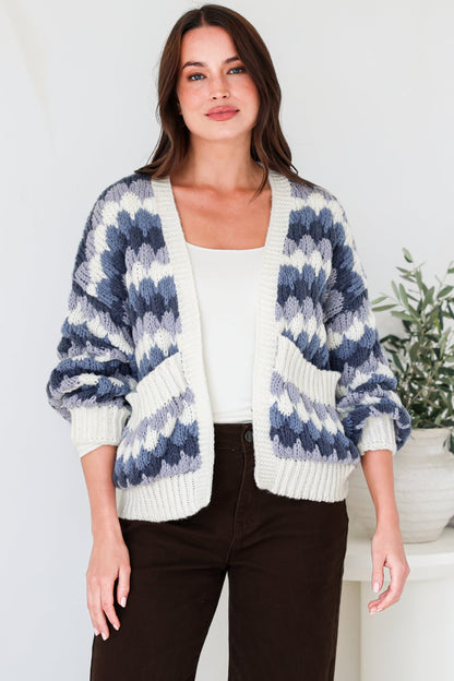 Gianni Cardigan - Open Bubble Knit with Pockets and Rib Knit Trims in Blue