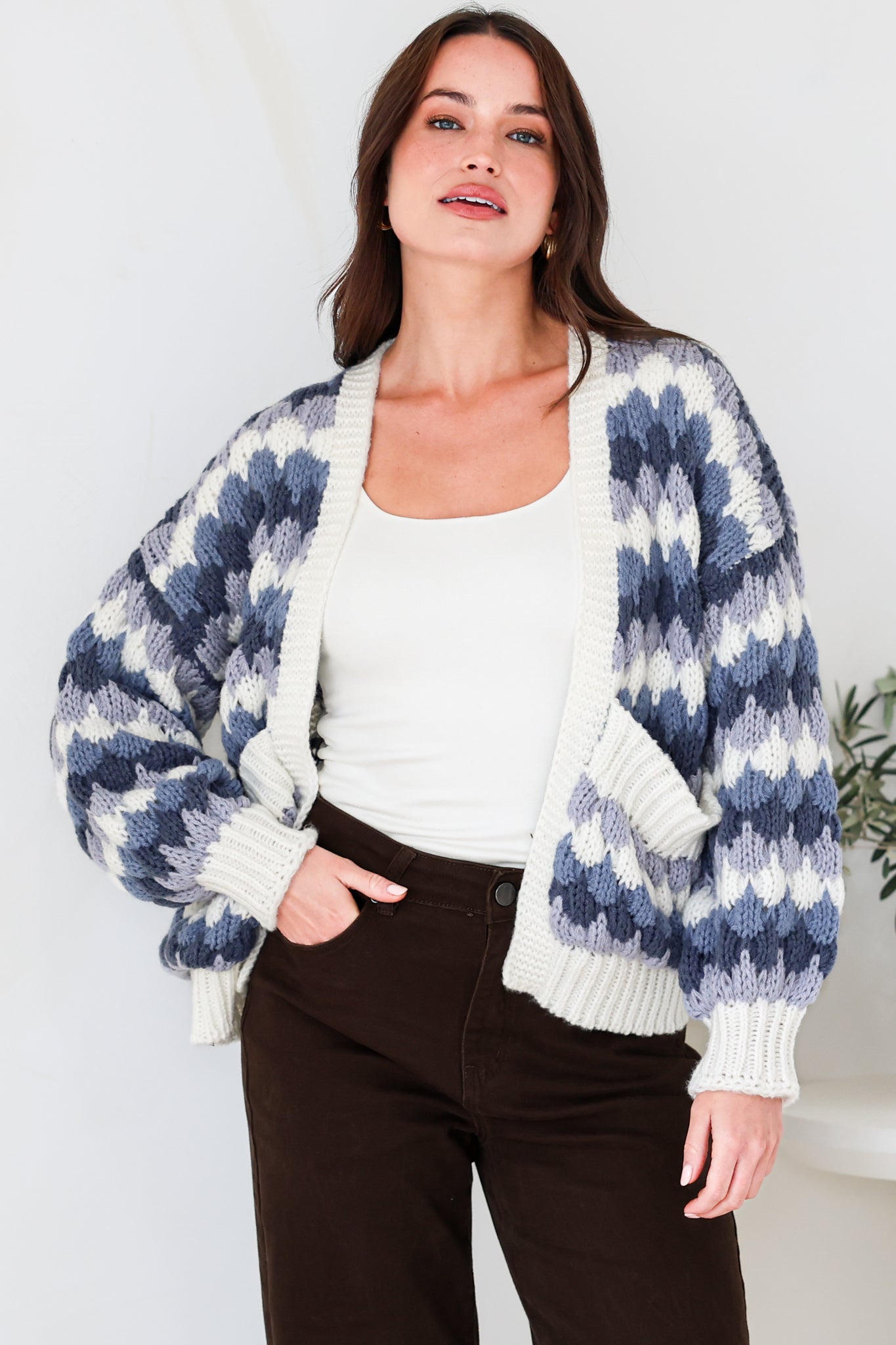 Gianni Cardigan - Open Bubble Knit with Pockets and Rib Knit Trims in Blue