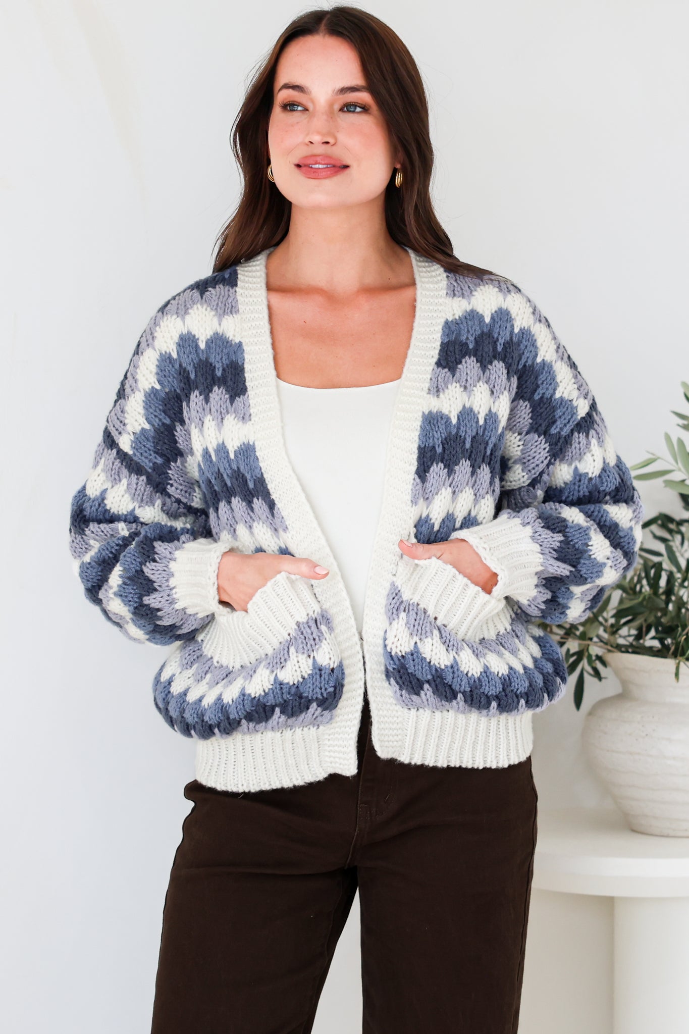Gianni Cardigan - Open Bubble Knit with Pockets and Rib Knit Trims in Blue