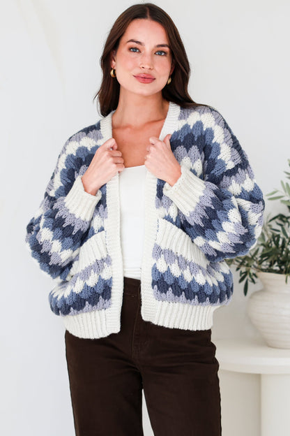 Gianni Cardigan - Open Bubble Knit with Pockets and Rib Knit Trims in Blue