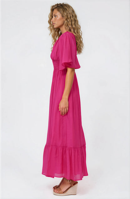 Glades Maxi Dress - V Neck Shirred Waist A Line Dress in Hot Pink