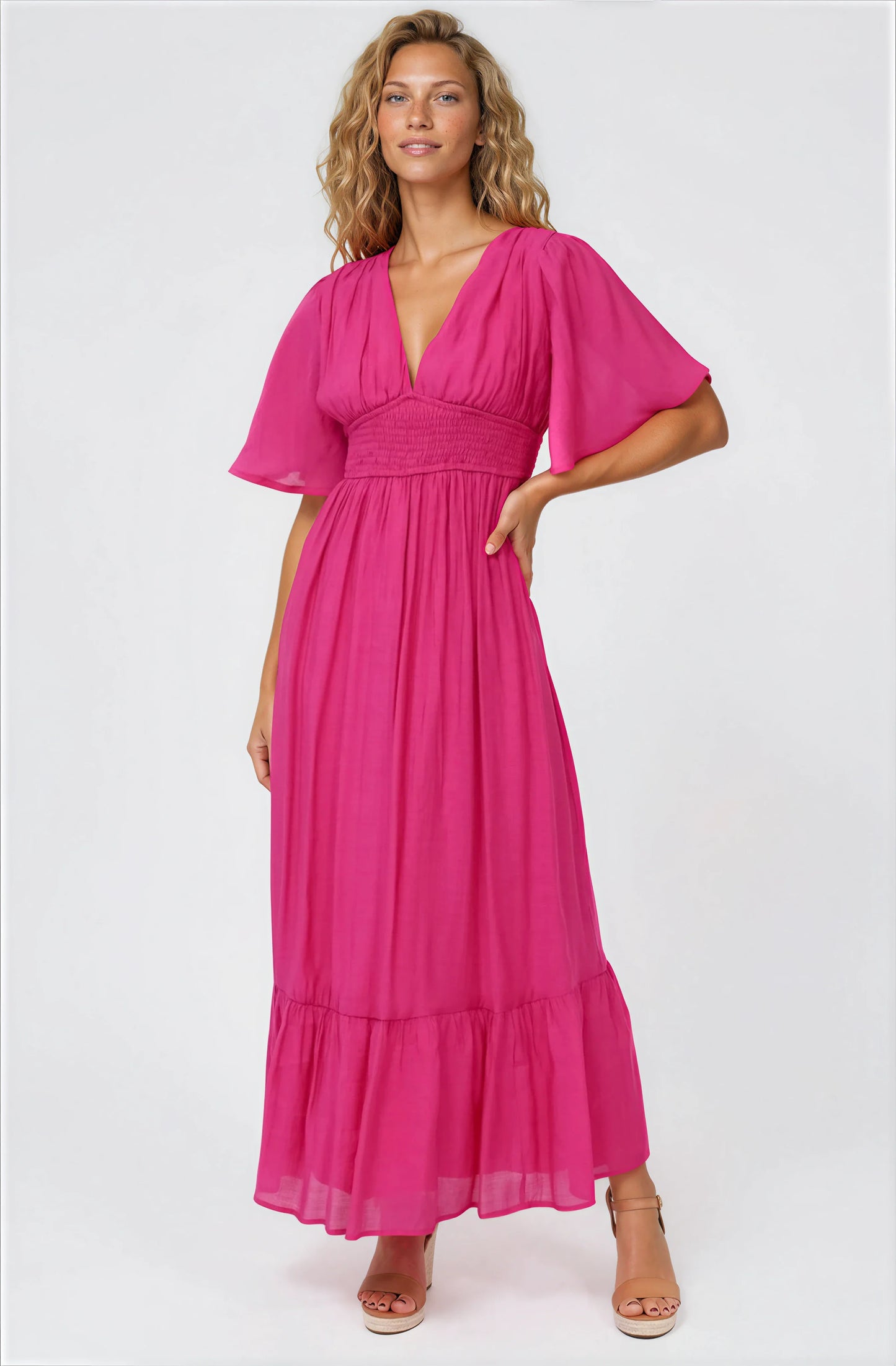Glades Maxi Dress - V Neck Shirred Waist A Line Dress in Hot Pink