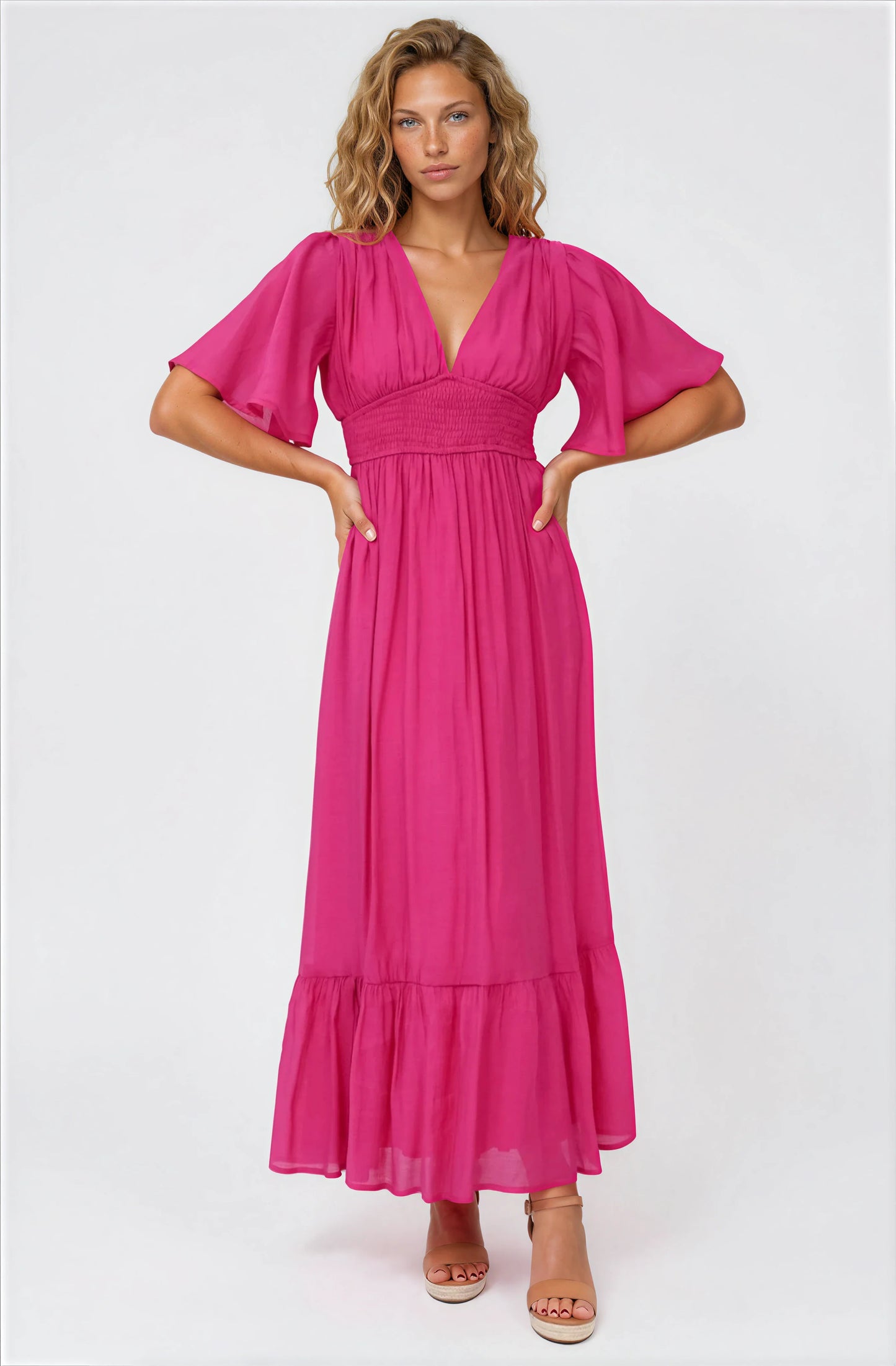 Glades Maxi Dress - V Neck Shirred Waist A Line Dress in Hot Pink