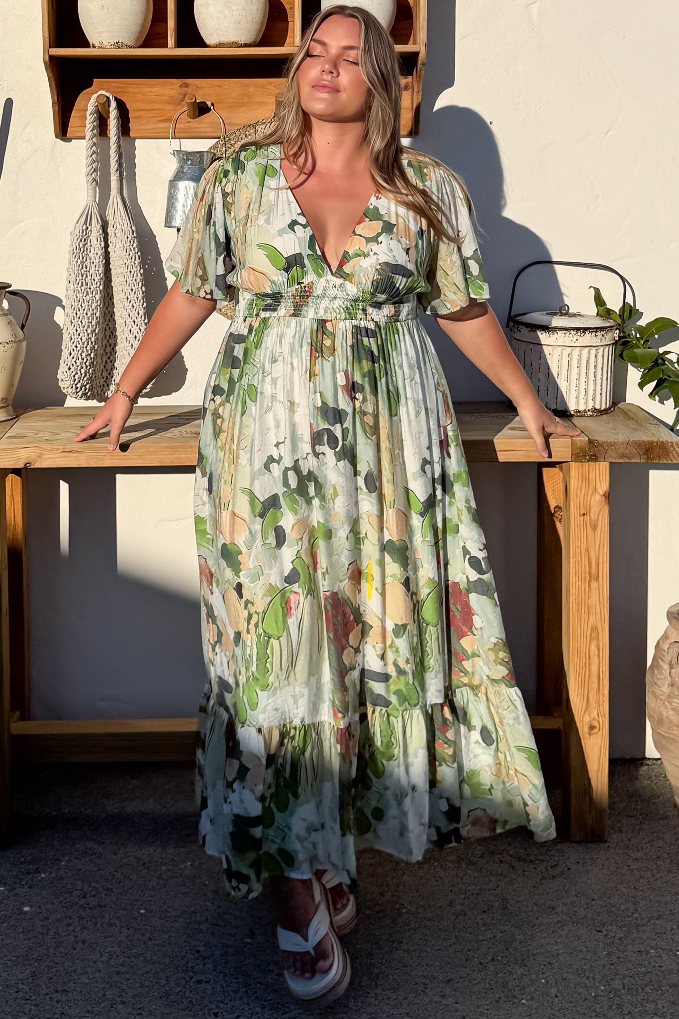 Glades Maxi Dress - V Neck Shirred Waist A Line Dress in Kamara Print Green