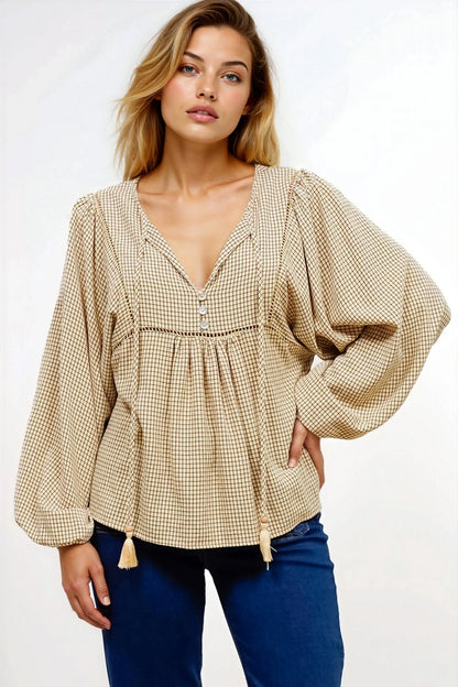 Graya Top - Gingham Ladder Lace Detailed Pull Over with Balloon Sleeves in Echo Print Beige