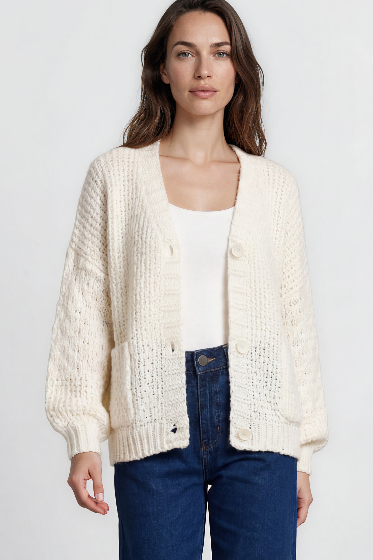 Grayson Cardigan - V-Neck Button Front Knit with Pockets and Balloon Sleeves in Cream
