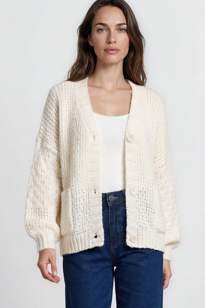 Grayson Cardigan - V-Neck Button Front Knit with Pockets and Balloon Sleeves in Cream