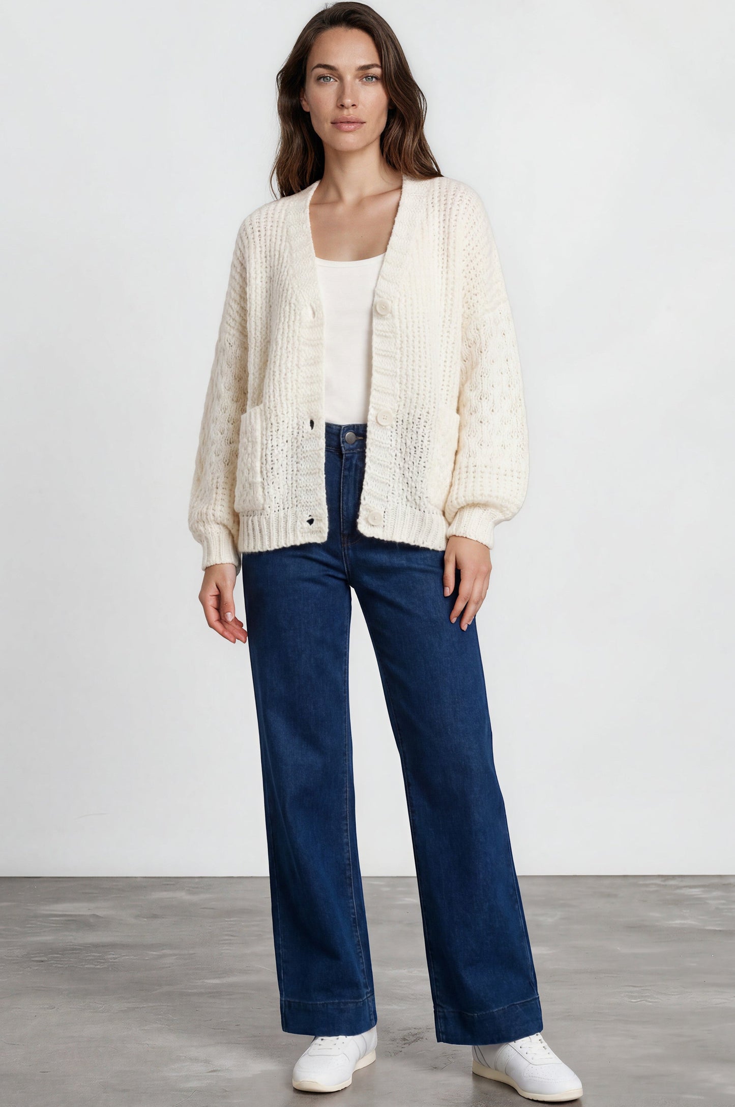 Grayson Cardigan - V-Neck Button Front Knit with Pockets and Balloon Sleeves in Cream