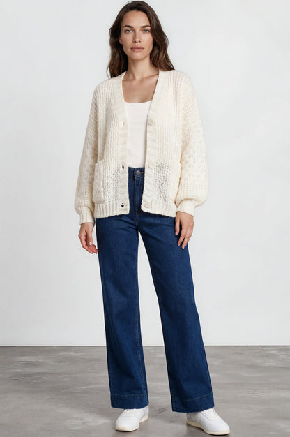 Grayson Cardigan - V-Neck Button Front Knit with Pockets and Balloon Sleeves in Cream