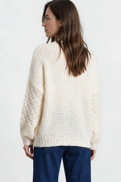 Grayson Cardigan - V-Neck Button Front Knit with Pockets and Balloon Sleeves in Cream