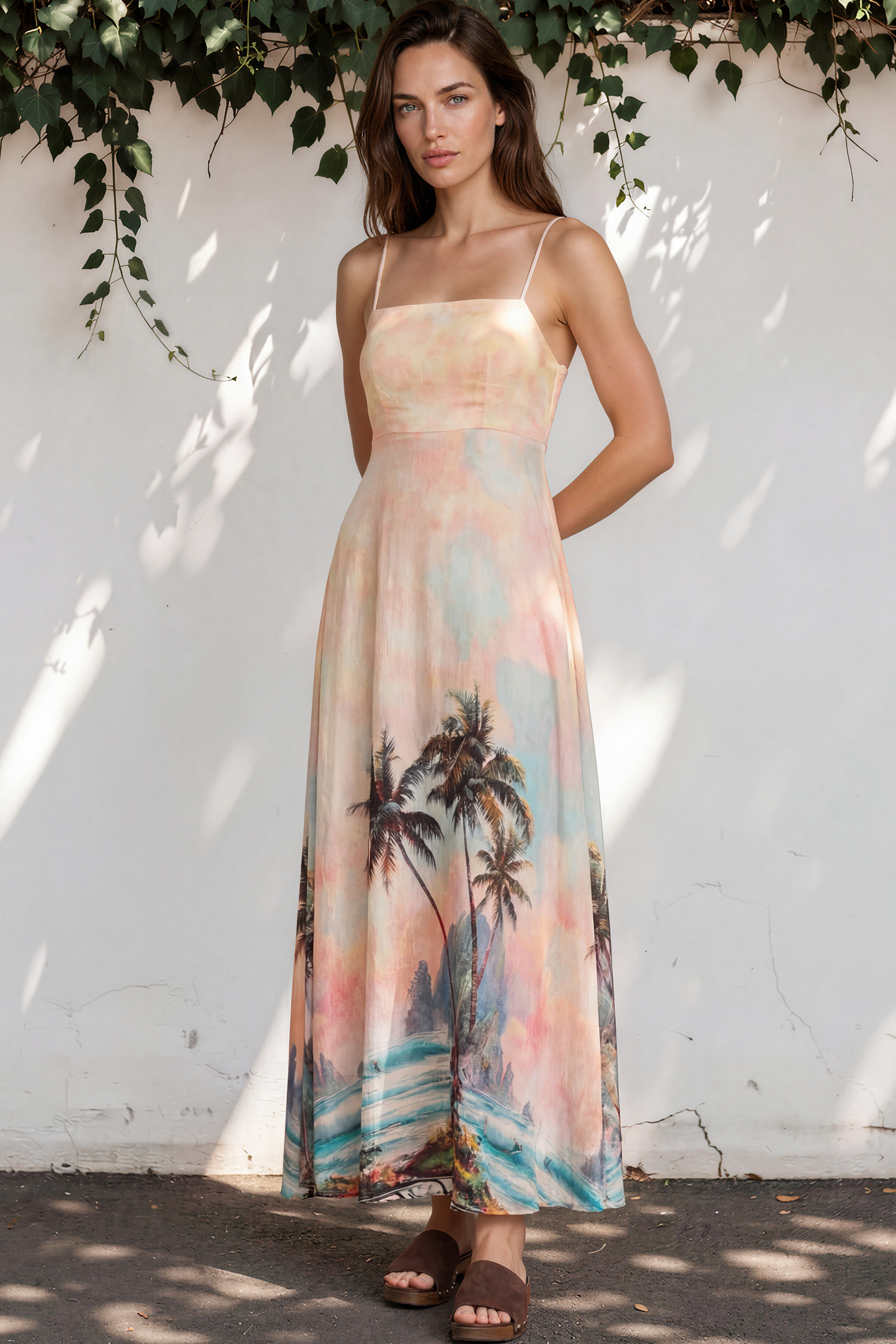 Gretal Maxi Dress - Sqaure Neck A-Line Dress with Adjustable Spaghetti Straps in Darya Print