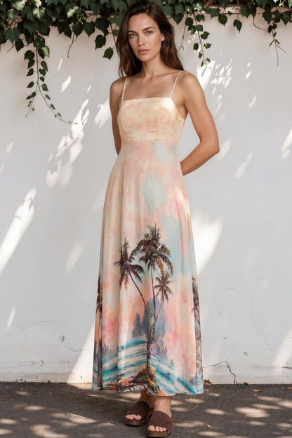Gretal Maxi Dress - Sqaure Neck A-Line Dress with Adjustable Spaghetti Straps in Darya Print