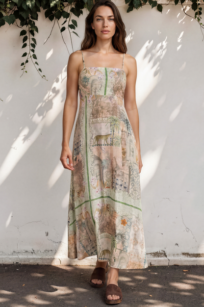 Gretal Maxi Dress - Sqaure Neck A-Line Dress with Adjustable Spaghetti Straps in Tempest Print