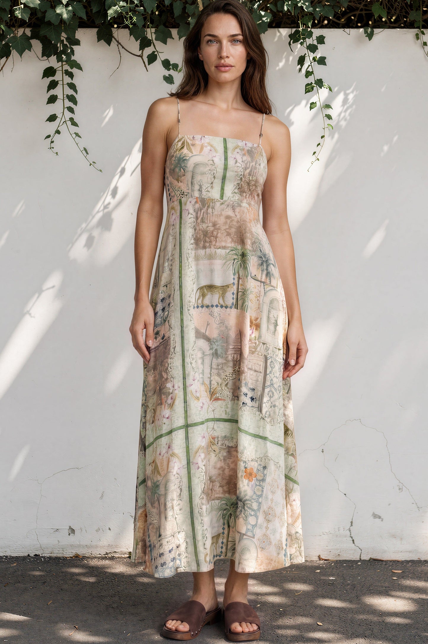 Gretal Maxi Dress - Sqaure Neck A-Line Dress with Adjustable Spaghetti Straps in Tempest Print