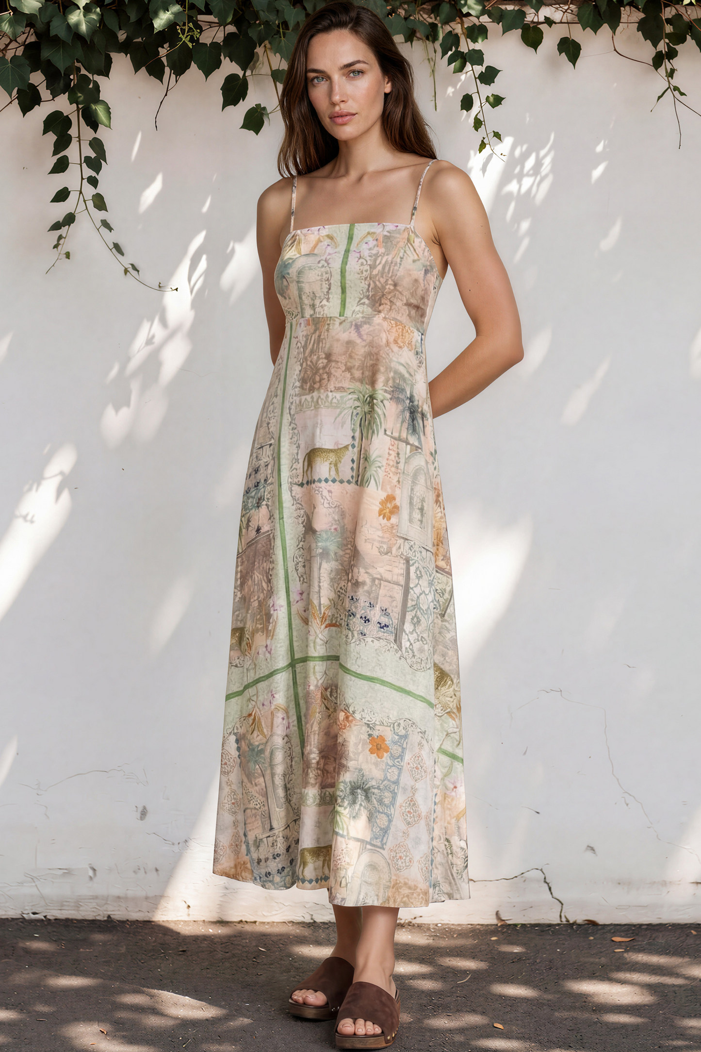 Gretal Maxi Dress - Sqaure Neck A-Line Dress with Adjustable Spaghetti Straps in Tempest Print