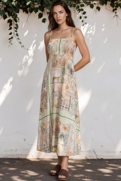 Gretal Maxi Dress - Sqaure Neck A-Line Dress with Adjustable Spaghetti Straps in Tempest Print