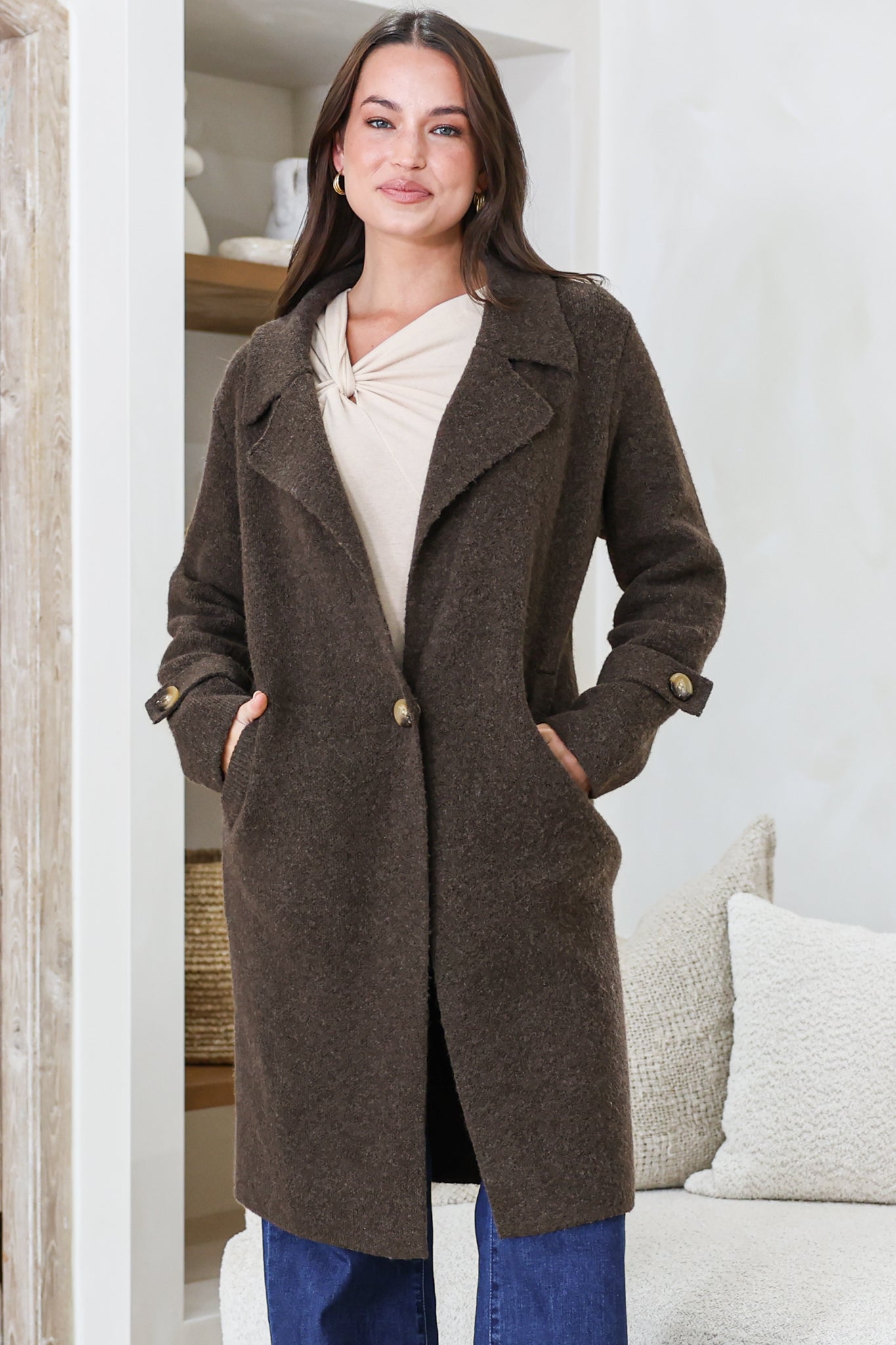 Griffin Cardigan - Collared Button Closure Coatigan with Pockets in Chocolate