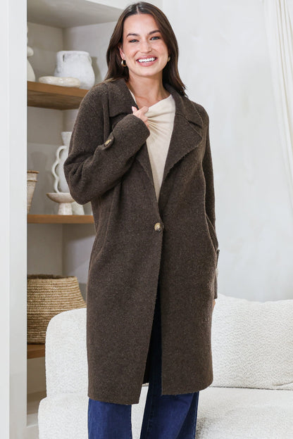 Griffin Cardigan - Collared Button Closure Coatigan with Pockets in Chocolate