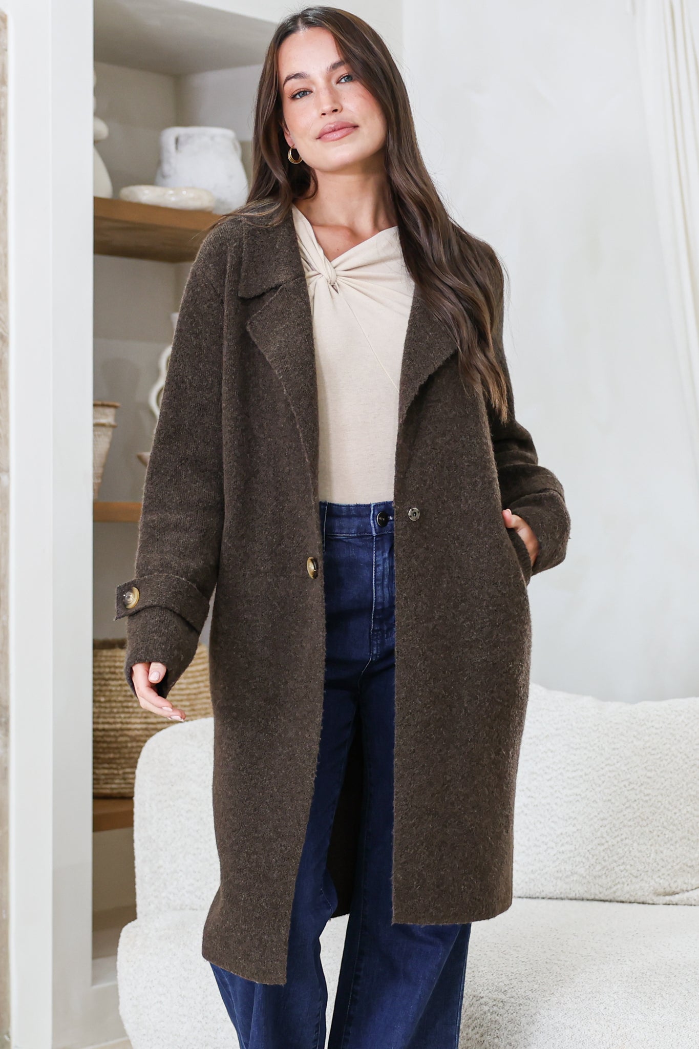 Griffin Cardigan - Collared Button Closure Coatigan with Pockets in Chocolate