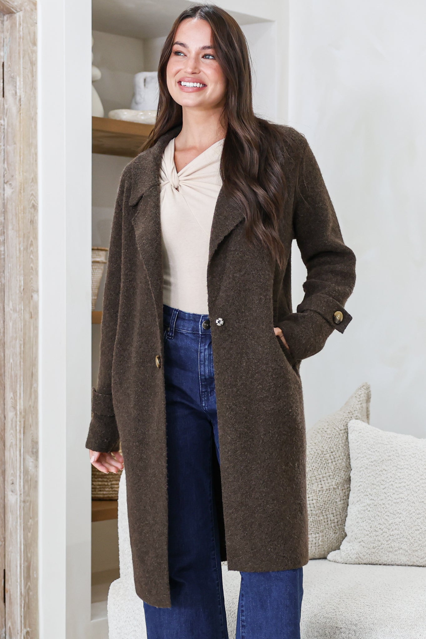 Griffin Cardigan - Collared Button Closure Coatigan with Pockets in Chocolate