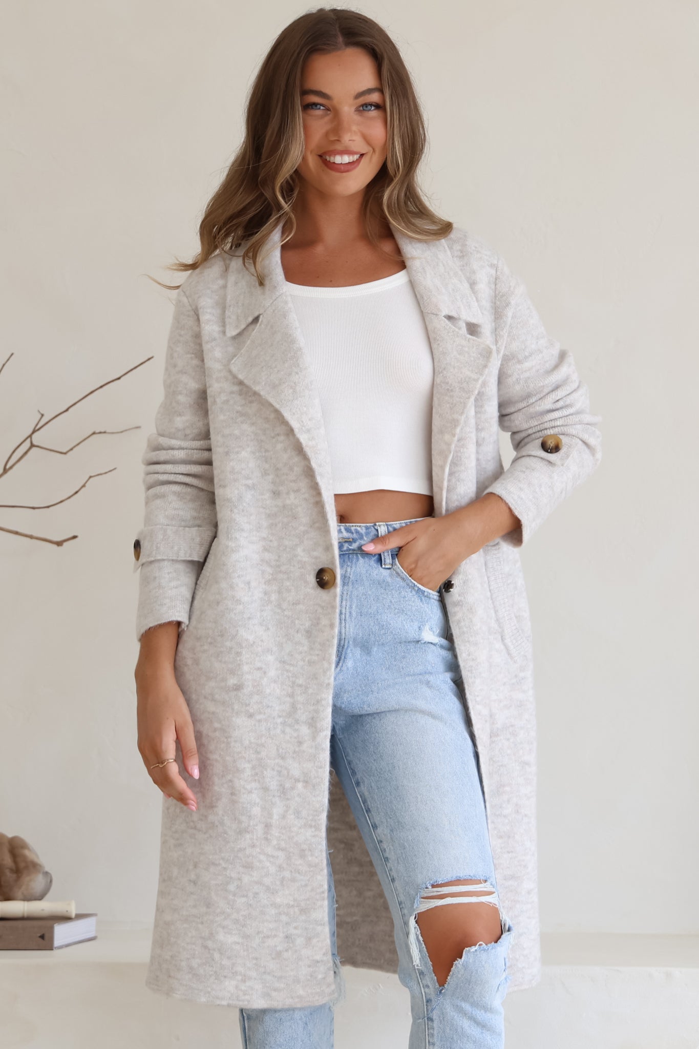 Griffin Cardigan - Collared Button Closure Coatigan with Pockets in Grey