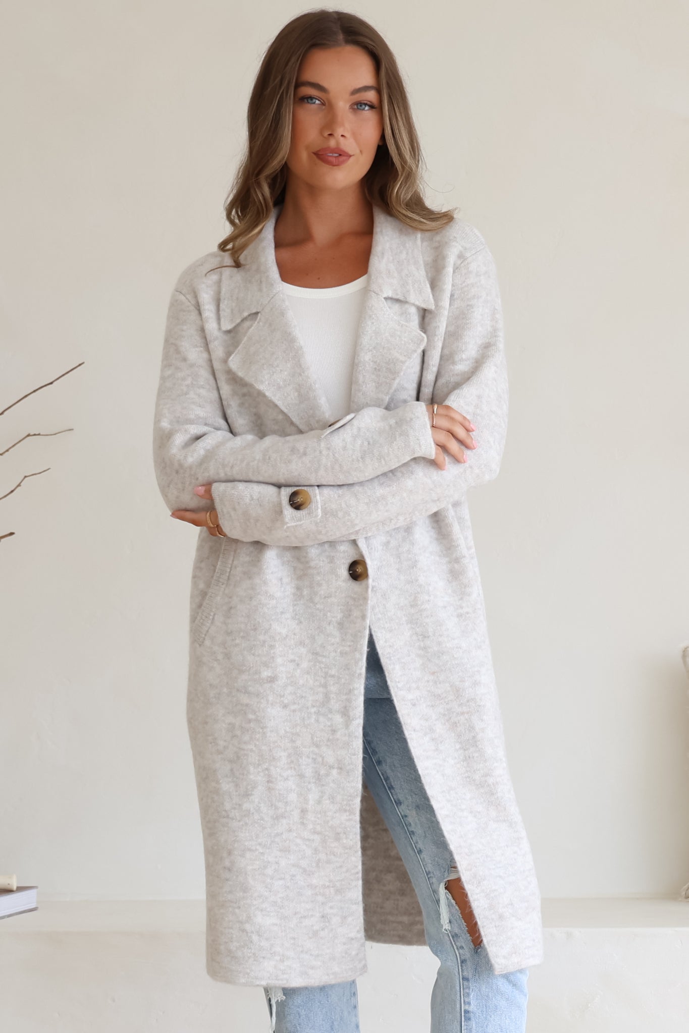Griffin Cardigan - Collared Button Closure Coatigan with Pockets in Grey