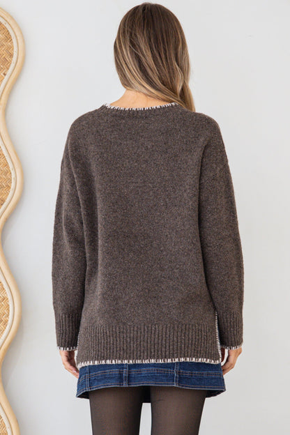 Halo Jumper - Crew Neck Cable Detailed Step Hem Knit with Contrast Hemlines in Dark Brown