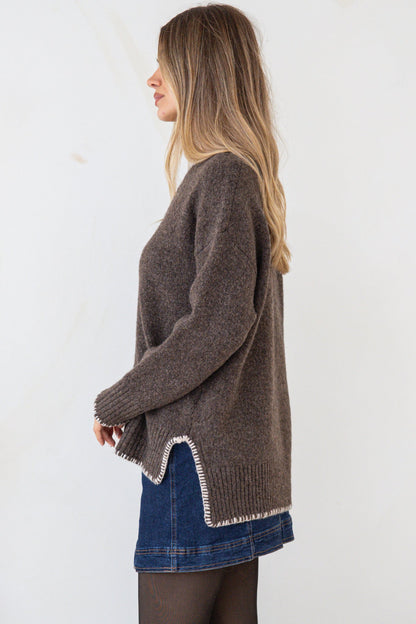Halo Jumper - Crew Neck Cable Detailed Step Hem Knit with Contrast Hemlines in Dark Brown