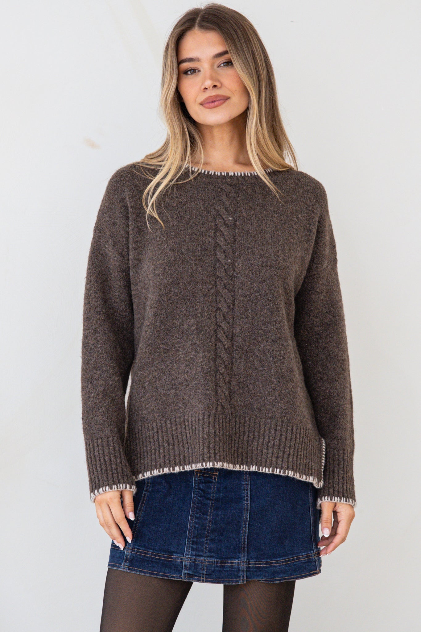 Halo Jumper - Crew Neck Cable Detailed Step Hem Knit with Contrast Hemlines in Dark Brown