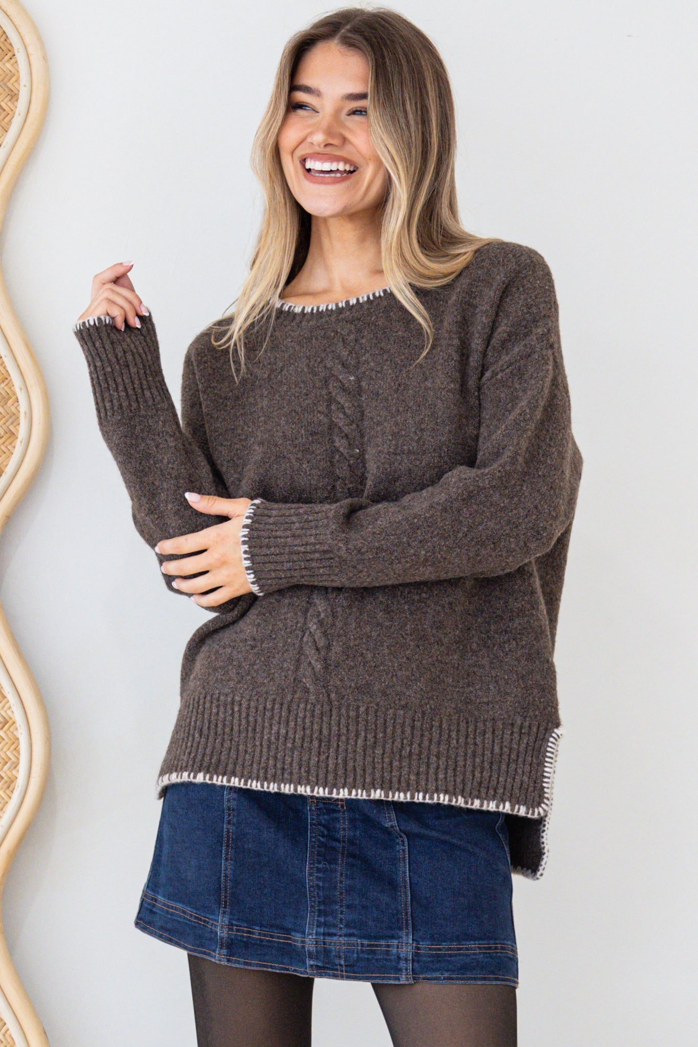 Halo Jumper - Crew Neck Cable Detailed Step Hem Knit with Contrast Hemlines in Dark Brown