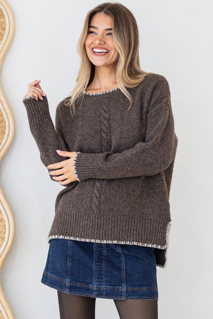 Halo Jumper - Crew Neck Cable Detailed Step Hem Knit with Contrast Hemlines in Dark Brown