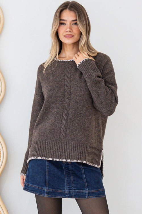Halo Jumper - Crew Neck Cable Detailed Step Hem Knit with Contrast Hemlines in Dark Brown