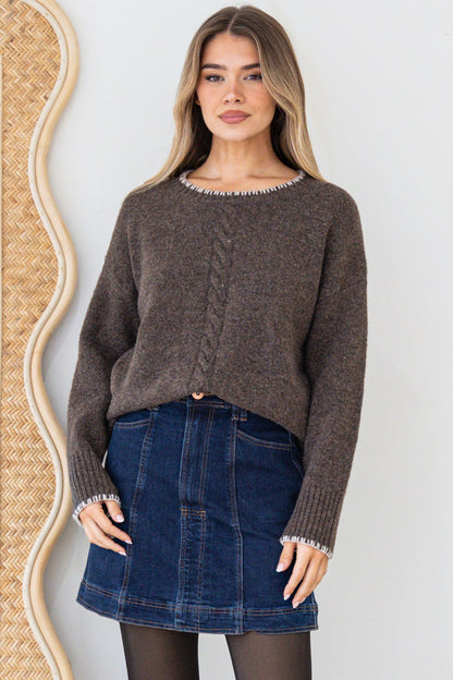 Halo Jumper - Crew Neck Cable Detailed Step Hem Knit with Contrast Hemlines in Dark Brown
