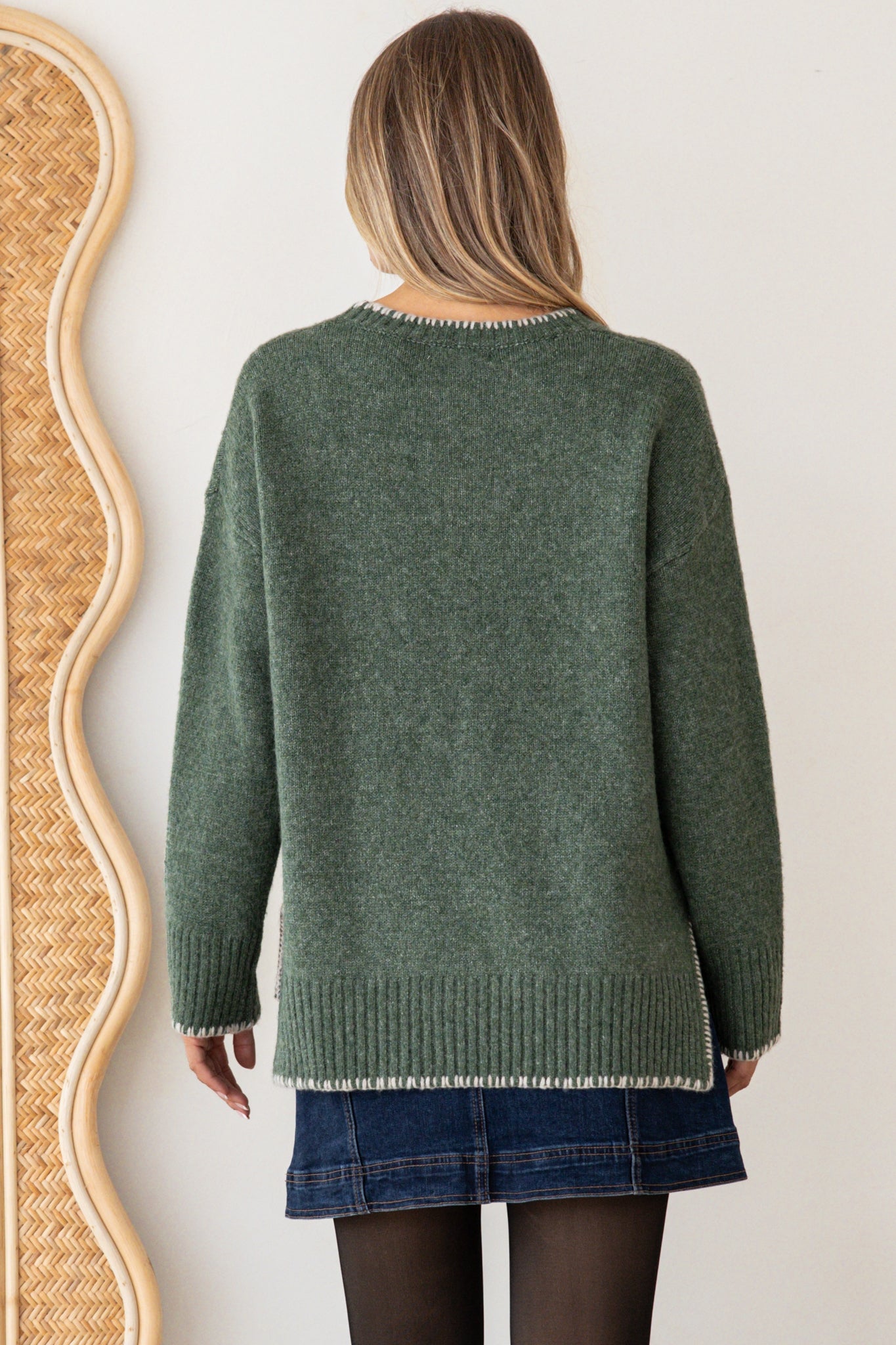 Halo Jumper - Crew Neck Cable Detailed Step Hem Knit with Contrast Hemlines in Green