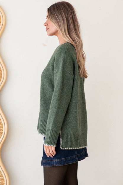 Halo Jumper - Crew Neck Cable Detailed Step Hem Knit with Contrast Hemlines in Green