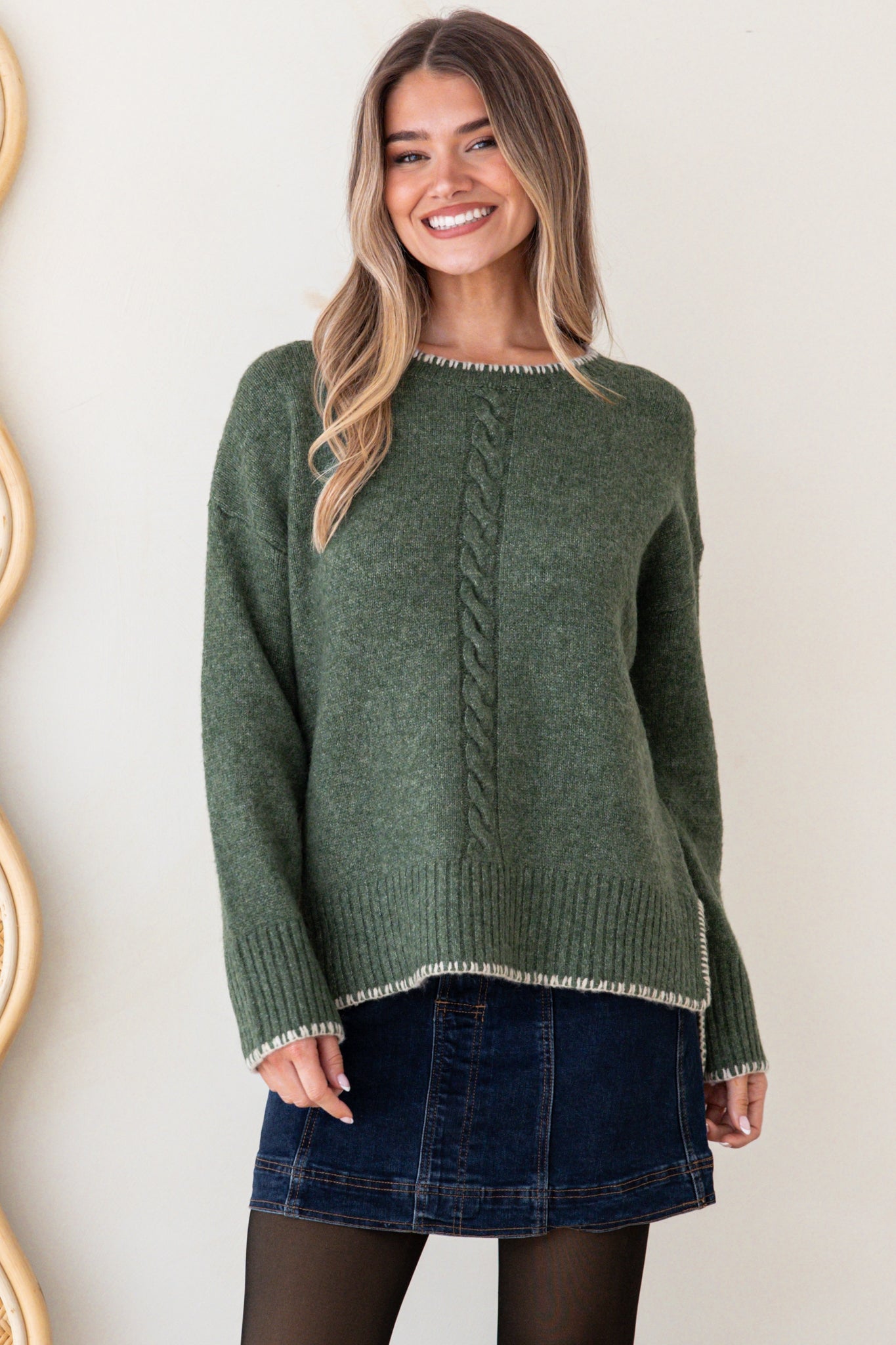 Halo Jumper - Crew Neck Cable Detailed Step Hem Knit with Contrast Hemlines in Green